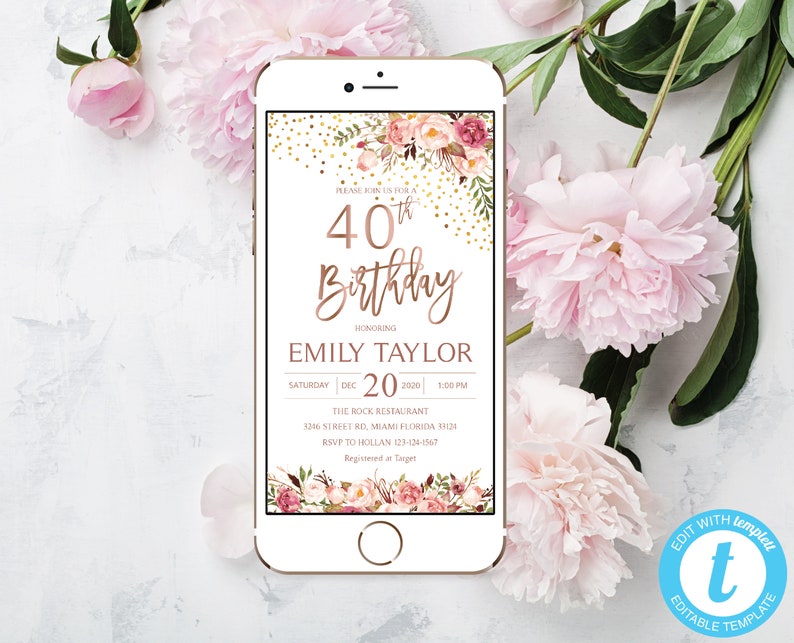 Electronic 40th Birthday Boho Floral Phone Party Invitation E-invite Instant Download DIY Printable Editable Templett Blush Gold F1045 image 1