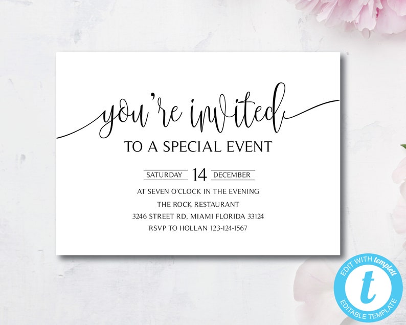 Special Event Invitation Template Instant Download DIY Printable Editable Templett Elegant You/'re Invited Invitation Template