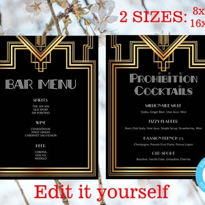 Grande Gatsby Art Deco Drink Menu Template, COCKTAIL DI DIVIETO Segno, Bar Menu Sign / Download istantaneo DIY stampabile Modificabile Templett 01