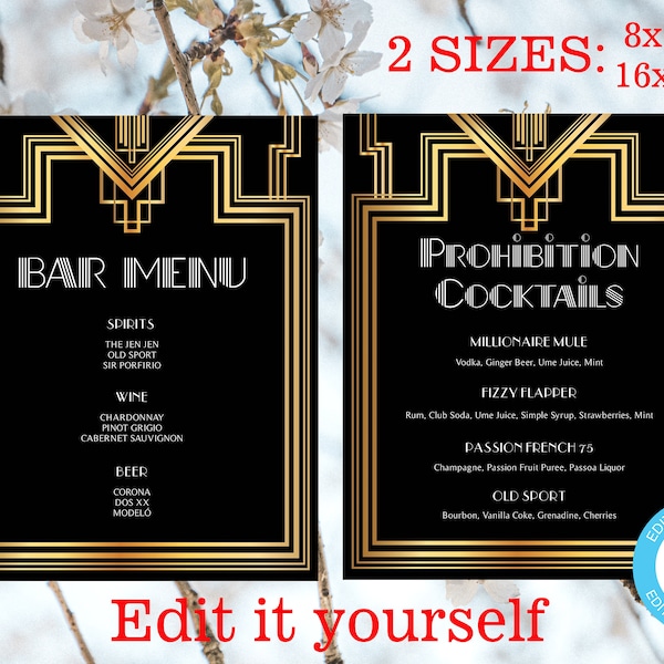 Great Gatsby Art Deco Drink Menu Template, PROHIBITION COCKTAILS Sign, Bar Menu Sign | Instant Download DIY Printable Editable Templett 01