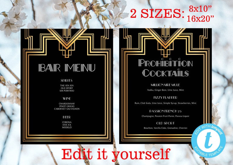 K&ouml;nnte beinhalten: Editierbare Vorlage f&uuml;r eine Barkarte mit schwarzem Hintergrund und goldenen Akzenten. Die Karte ist in zwei Abschnitte unterteilt: "Bar Menu" und "Prohibition Cocktails". Die Karte enth&auml;lt eine Liste von Spirituosen, Weinen, Bieren und Cocktails.