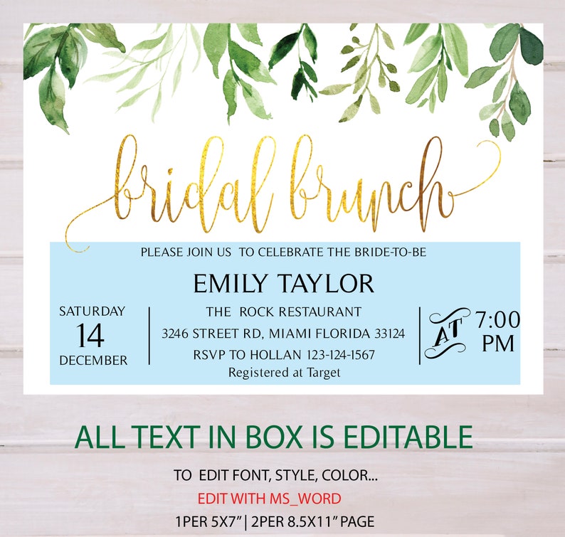 Gold and Green Leaf Bridal Brunch Invitation Bridesmaid Luncheon Bridal Luncheon Invitation Instant Download DIY Printable Editable