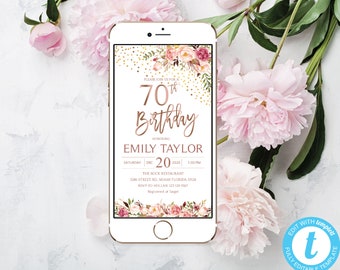 Electronic 70th Birthday Boho Floral Phone Party Invitation E-invite | Instant Download DIY Printable Editable | Templett Blush Gold F1045