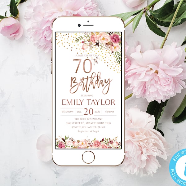 Electronic 70th Birthday Boho Floral Phone Party Invitation E-invite | Instant Download DIY Printable Editable | Templett Blush Gold F1045