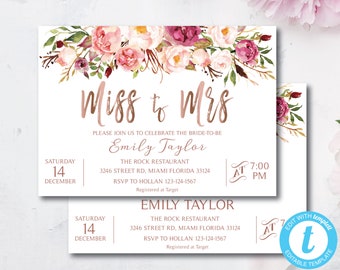 Invitación de ducha nupcial Boho Floral Blush Rose Gold, Miss to Mrs Bridal Invite / Descarga instantánea DIY imprimible Editable Templett