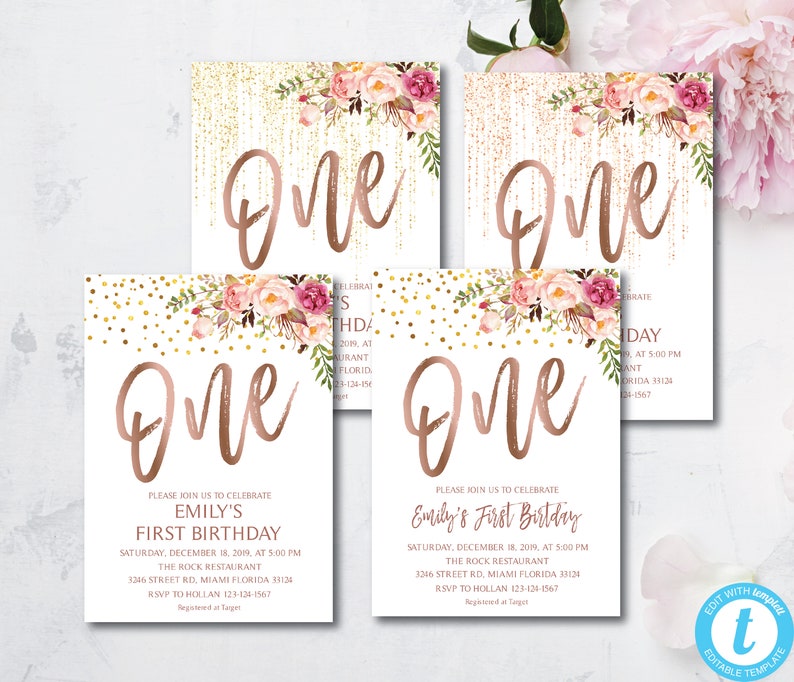 First Birthday Boho Flowers 1st Birthday Floral Party Invitation Instant Download DIY Printable Editable Pink Blush Gold Templett F1055