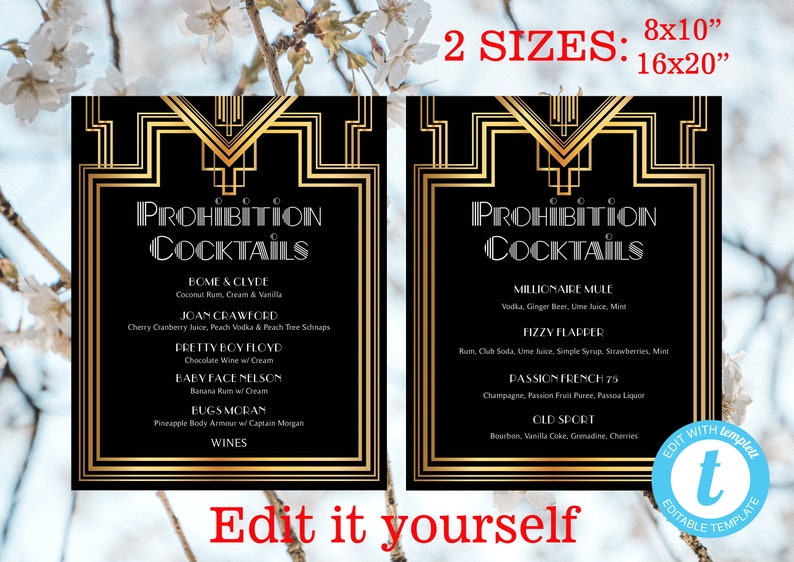 K&ouml;nnte beinhalten: Zwei schwarze und goldene bedruckbare Schilder mit dem Text "Prohibition Cocktails" und einer Liste von Cocktails. Die Schilder sind in zwei Gr&ouml;&szlig;en erh&auml;ltlich: 8x10 Zoll und 16x20 Zoll.