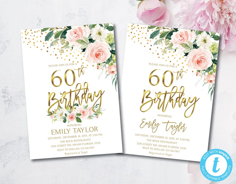 Instant Download DIY Printable Editable Blush Gold F833 60th Birthday Floral Birthday Party Invitation Rose Flowers Invitations