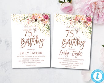 75th Birthday Boho Floral Party Invitation, Flowers Invitations | Instant Download DIY Printable Editable | Templett Blush Gold F1084