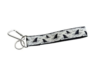 Navy and White Shark Fin Wristlet Key Chain, Hands Free Water Bottle Handle, Key Fob