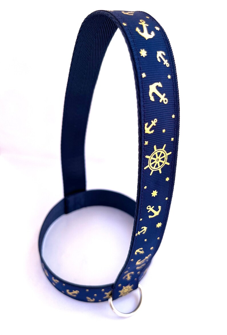Op de afbeelding: Een donkerblauwe hondenriem met een gouden anker- en scheepstuurpatroon. De riem heeft een zilveren D-ring.