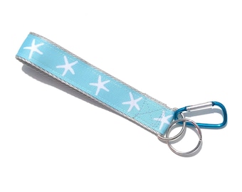 Aqua Starfish Wristlet Key Chain, Hands Free Water Bottle Handle, Key Fob
