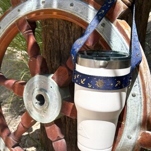 Gold and Navy Nautical Hands Free Tumbler Holder - Yeti Rambler/Ozark Cup Handle afbeelding 2