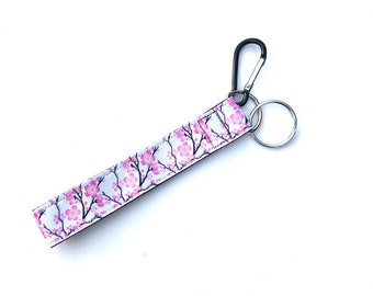 Cherry Blossom Wristlet Key Chain, Hands Free Water Bottle Handle, Key Fob