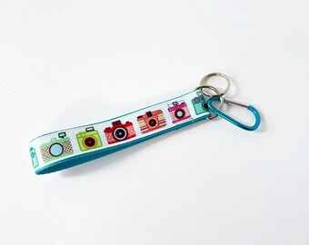 Vintage Camera Colorful Wristlet Key Chain, Hands Free Water Bottle Handle, Key Fob