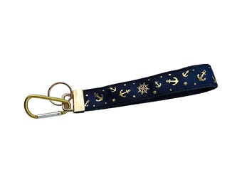 Gold and Navy Nautical Anchor Wristlet Key Chain, Hands Free Water Bottle Handle, Key Fob