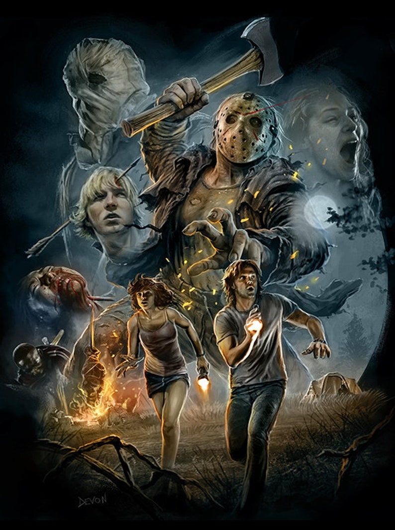 May include: A horror movie poster featuring a masked killer with an axe, a group of people running in fear, and a full moon in the background.