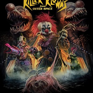 May include: A poster for the horror movie "Killer Klowns from Outer Space". The poster features three clowns with grotesque features, including a large, toothy mouth and a long, slimy tongue. The clowns are standing in front of a circus tent, and there is a dead body lying on the ground in front of them.