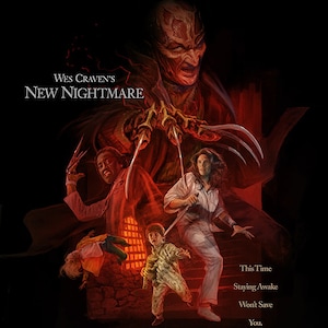 Puede incluir: Un póster de película para Wes Craven's New Nightmare, con Freddy Krueger con una expresión amenazante y garras afiladas. El póster también presenta otros personajes de la película, incluyendo a Heather Langenkamp, Robert Englund y un niño pequeño. El lema dice "Esta vez, mantenerse despierto no te salvará."