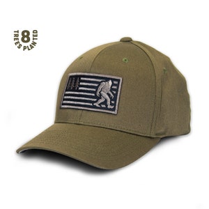 Squatch Flexfit Hat - American Flag - Bigfoot - Pacific Northwest - USA - Sasquatch - Camping - Woods - Creature - Yeti - Gifts for Him
