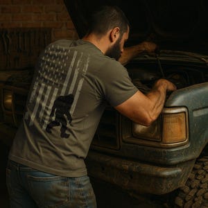 Squatch Shirt - American Flag - Bigfoot - Pacific Northwest - USA - Sasquatch - Hiking - Camping - Woods - Creature - Yeti - Gifts for Him