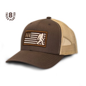 Squatch Trucker Hat - American Flag - Bigfoot - Pacific Northwest - USA - Sasquatch - Camping - Woods - Creature - Yeti - Gifts for Him