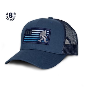 Squatch Trucker Hat - American Flag - Bigfoot - Pacific Northwest - USA - Sasquatch - Camping - Woods - Creature - Yeti - Gifts for Him