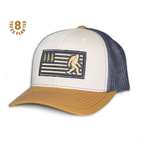 Squatch Trucker Hat - American Flag - Bigfoot - Pacific Northwest - USA - Sasquatch - Camping - Woods - Creature - Yeti - Gifts for Him