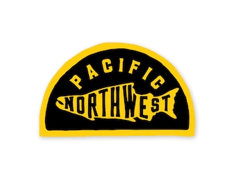 May include: Black and yellow sticker with a salmon silhouette and the text "PACIFIC NORTHWEST".