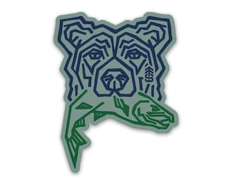 Fish & Bear Sticker Fly Fishing Salmon Trout Adventure River Raft Camp Mountain PNW Pacific Northwest Hiking River Raft Water Nature PNW