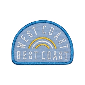May include: A blue and white embroidered patch with a rainbow and the text "West Coast Best Coast".
