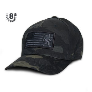 Bigfoot Fitted Hat - Squatch - Sasquatch - USA - American Flag - Camping - Outdoors - Gifts for Him - Hunting - Flexfit - Camo - Military