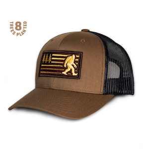 Squatch Trucker Hat - American Flag - Bigfoot - Pacific Northwest - USA - Sasquatch - Camping - Woods - Creature - Yeti - Gifts for Him