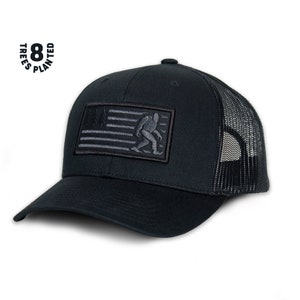 Squatch Trucker Hat - American Flag - Bigfoot - Pacific Northwest - USA - Sasquatch - Camping - Woods - Creature - Yeti - Gifts for Him