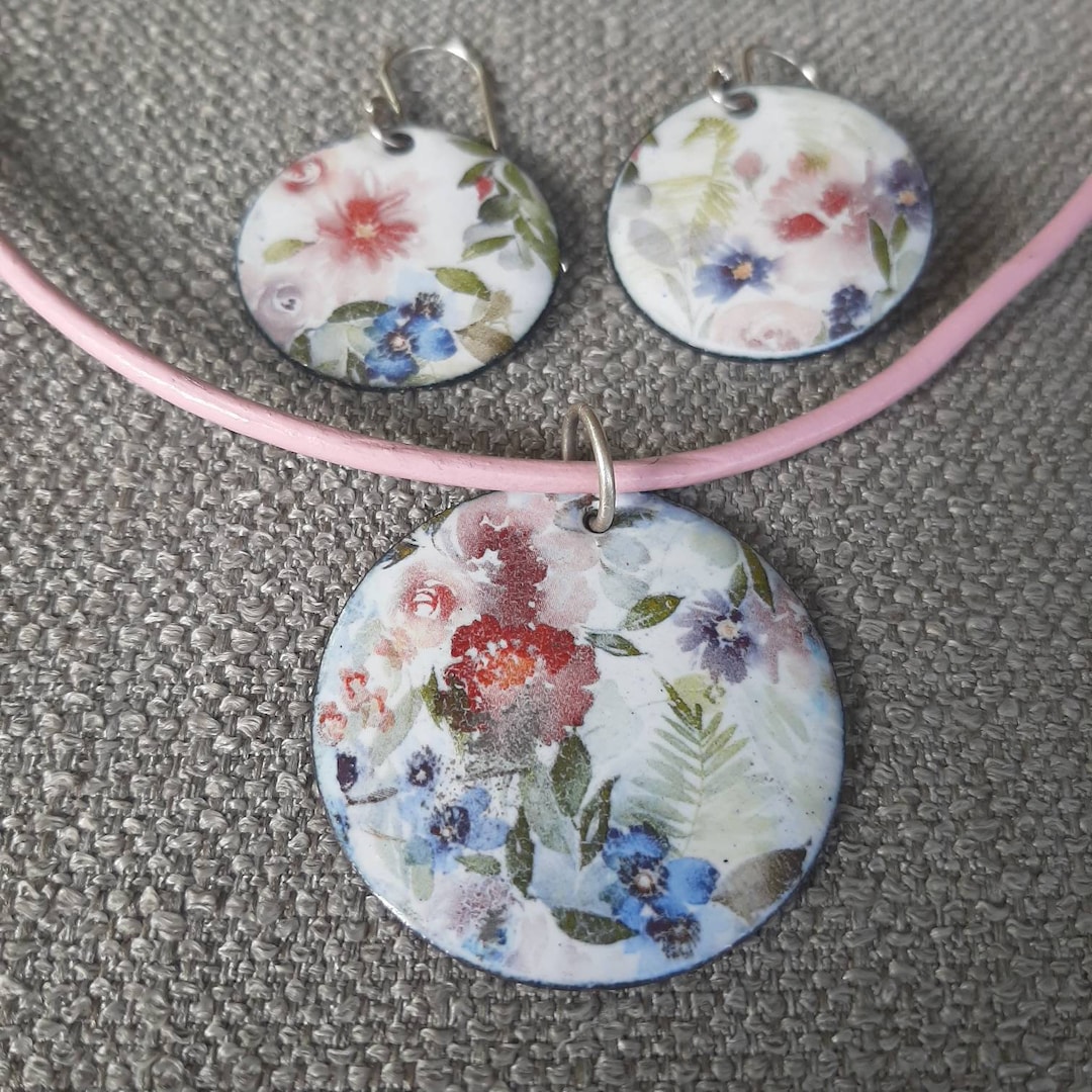 Enameled Flower Necklace and Earrings, Flower Earrings and Necklace Set