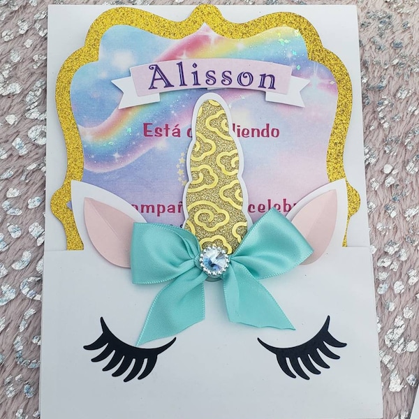 Unicorn invitation, unicorn handmade invitation, invitaciones unicornio, handmade invitations, rainbow invitations, birthday invitations,