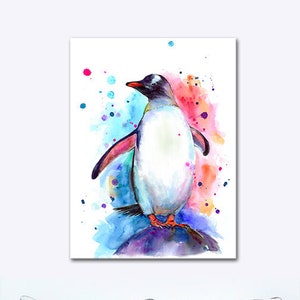 Penguin watercolor print on canvas, colorful penguin wall art, penguin painting, penguin poster, penguin nursery decor, penguin illustration