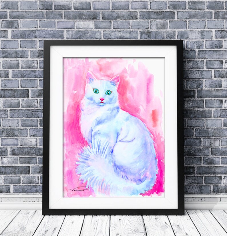 Cat Watercolor Print Colorful Cat Wall Art White Cat Etsy
