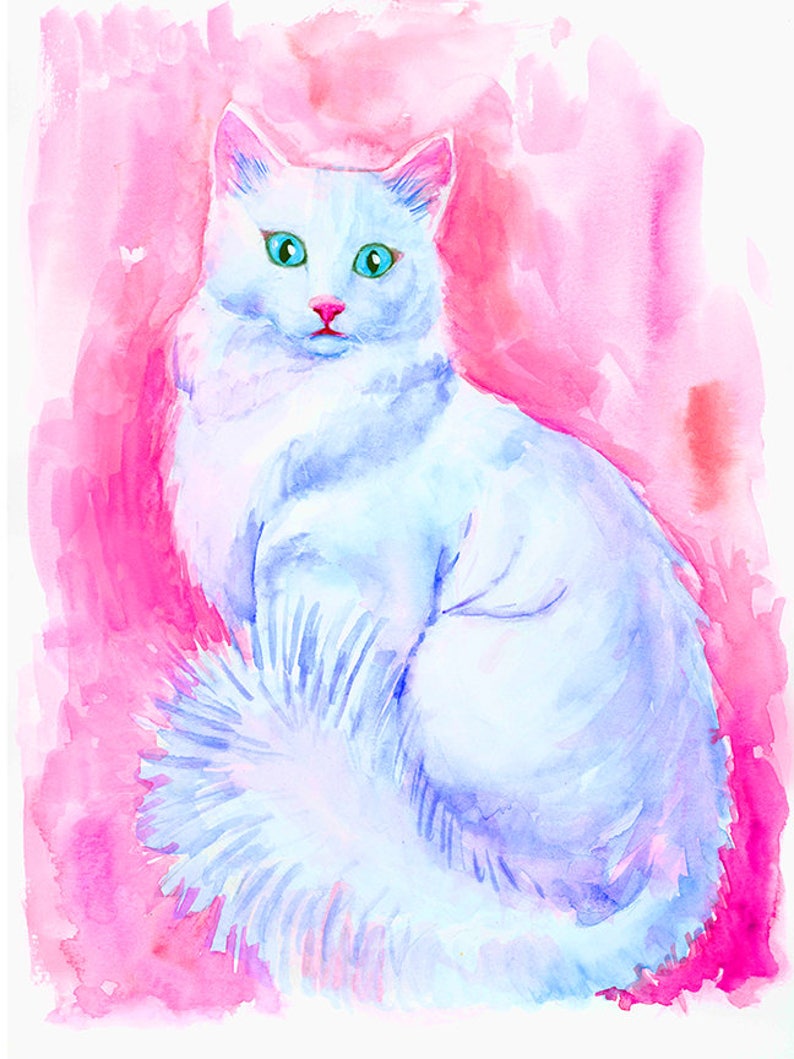 Cat Watercolor Print Colorful Cat Wall Art White Cat Etsy