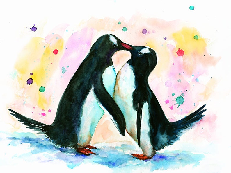 Penguin Watercolor Print Colorful Penguin Wall Art Cute - Etsy