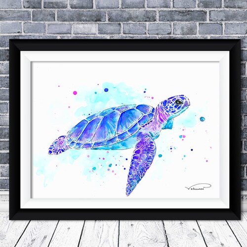 Turtle Watercolor Print Cute Colorful Turtle Wall Art Blue Etsy