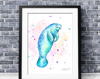 Manatee watercolor print, cute colorful manatee wall art, blue manatee painting, manatee poster, manatee nursery decor, illustration