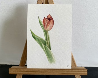 Original Watercolour Painting of Red Tulip, Hand-Painted Tulip Artwork, Red Flower Painting, Small Flower Artwork