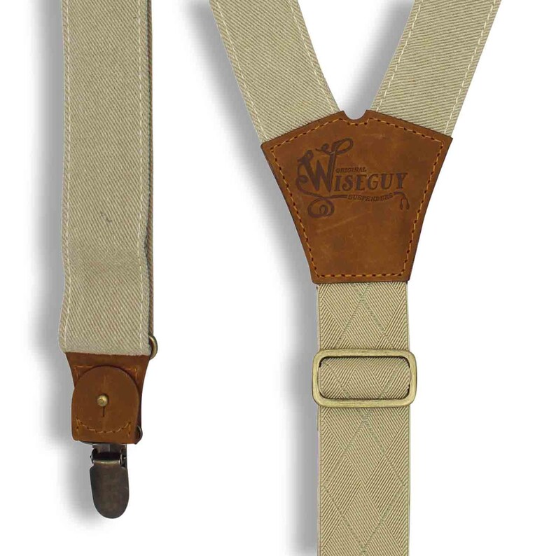 Suspenders for Men Men Suspenders The Duck FLEX canvas beige 1.3 inch wide suspenders with camel brown leather hand sewn suspenders