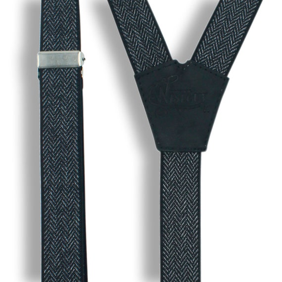 White Wiseguy M//L Beige Blue and Cordovan 1 inch Elastic Thin Wedding Suspenders with Leather parts