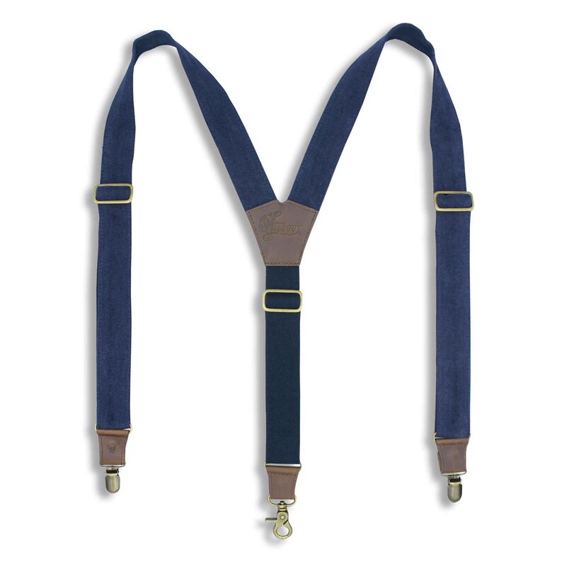 Men Suspenders Suspenders for Men The Duck FLEX Denim Blue 1.3 inch wide suspenders with dark brown leather hand sewn suspenders