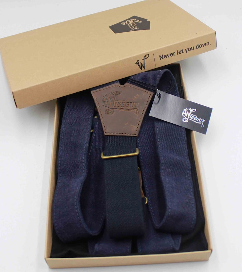 Men Suspenders Suspenders for Men The Duck FLEX Denim Blue 1.3 inch wide suspenders with dark brown leather hand sewn suspenders