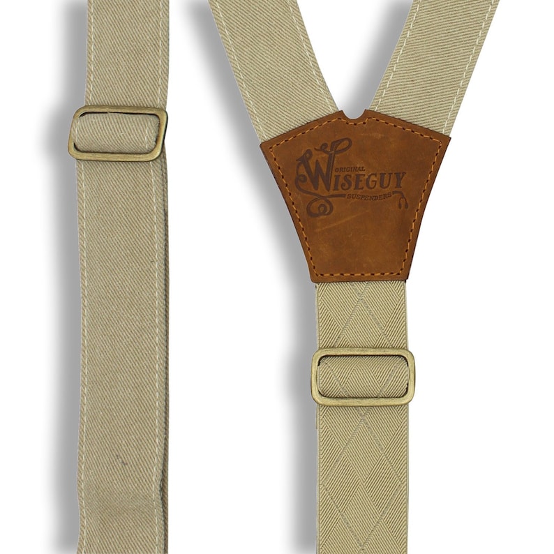 Suspenders for Men Men Suspenders The Duck FLEX canvas beige 1.3 inch wide suspenders with camel brown leather hand sewn suspenders