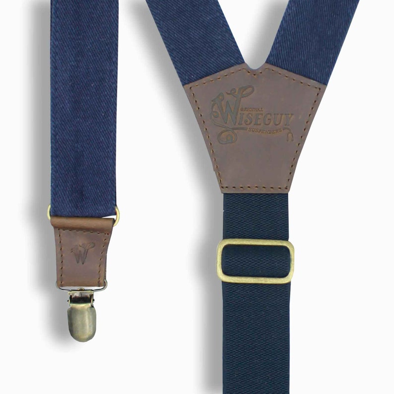 Men Suspenders Suspenders for Men The Duck FLEX Denim Blue 1.3 inch wide suspenders with dark brown leather hand sewn suspenders