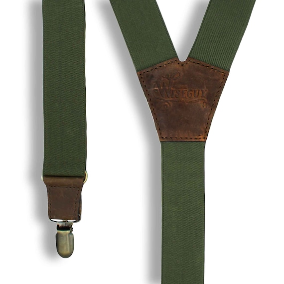 Wiseguy Army Green Elastic Handmade Suspenders 1.3 wide for Men with Premium Quality Brown Leather Parts